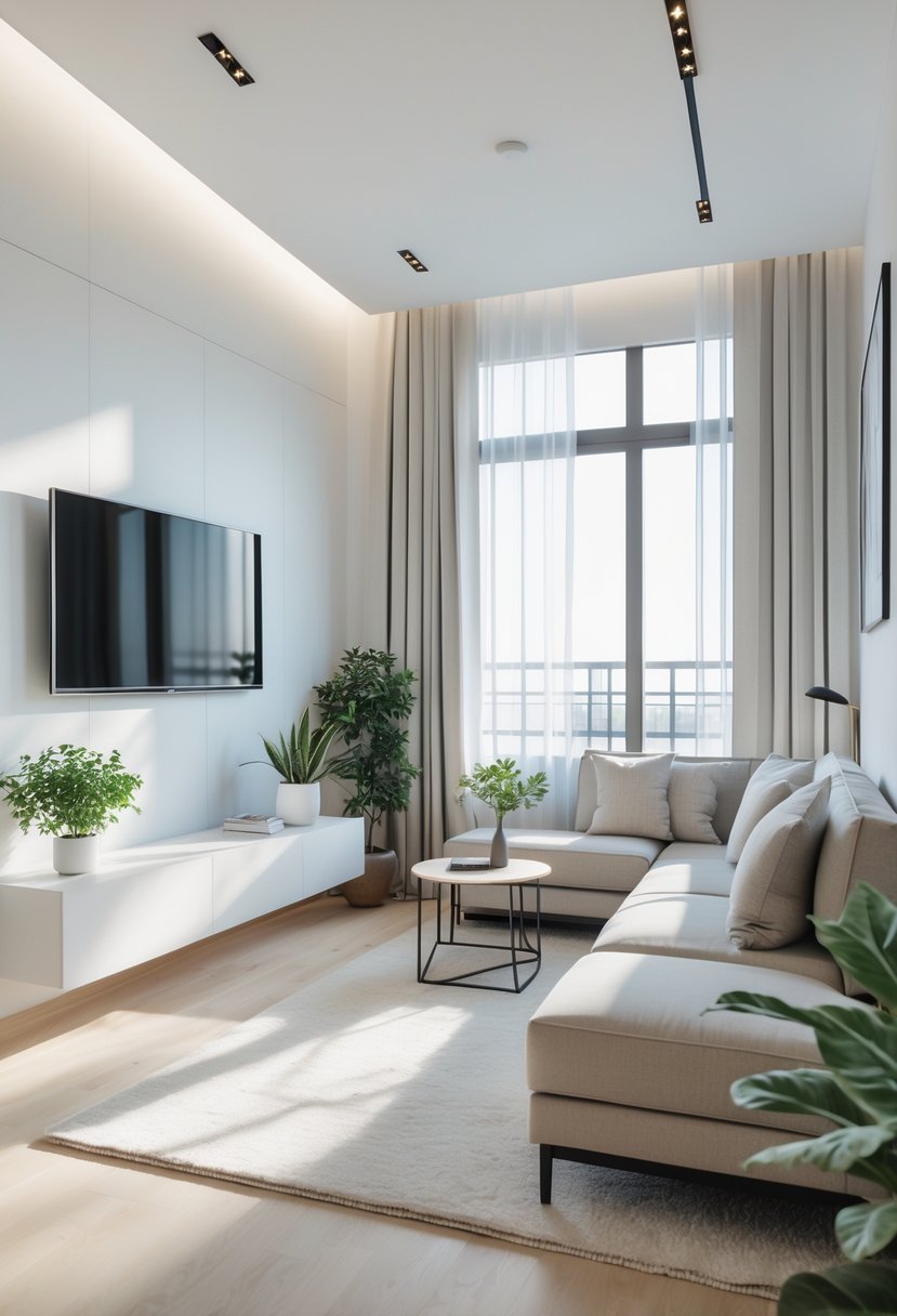 Small Apartment Living Room Ideas 2026: 22 Smart Ways To Maximize Space 23 Small apartment living room with a wall-mounted TV, sofa, coffee table, plants, and natural light from windows.