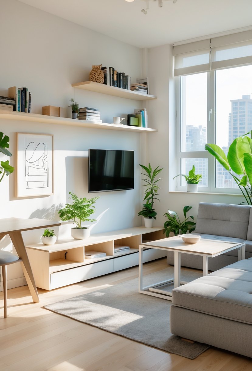 Small Apartment Living Room Ideas 2026: 22 Smart Ways To Maximize Space 25 A small apartment living room with a compact sofa, wall-mounted TV, floating shelves, foldable dining table, plants, and large windows letting in sunlight.