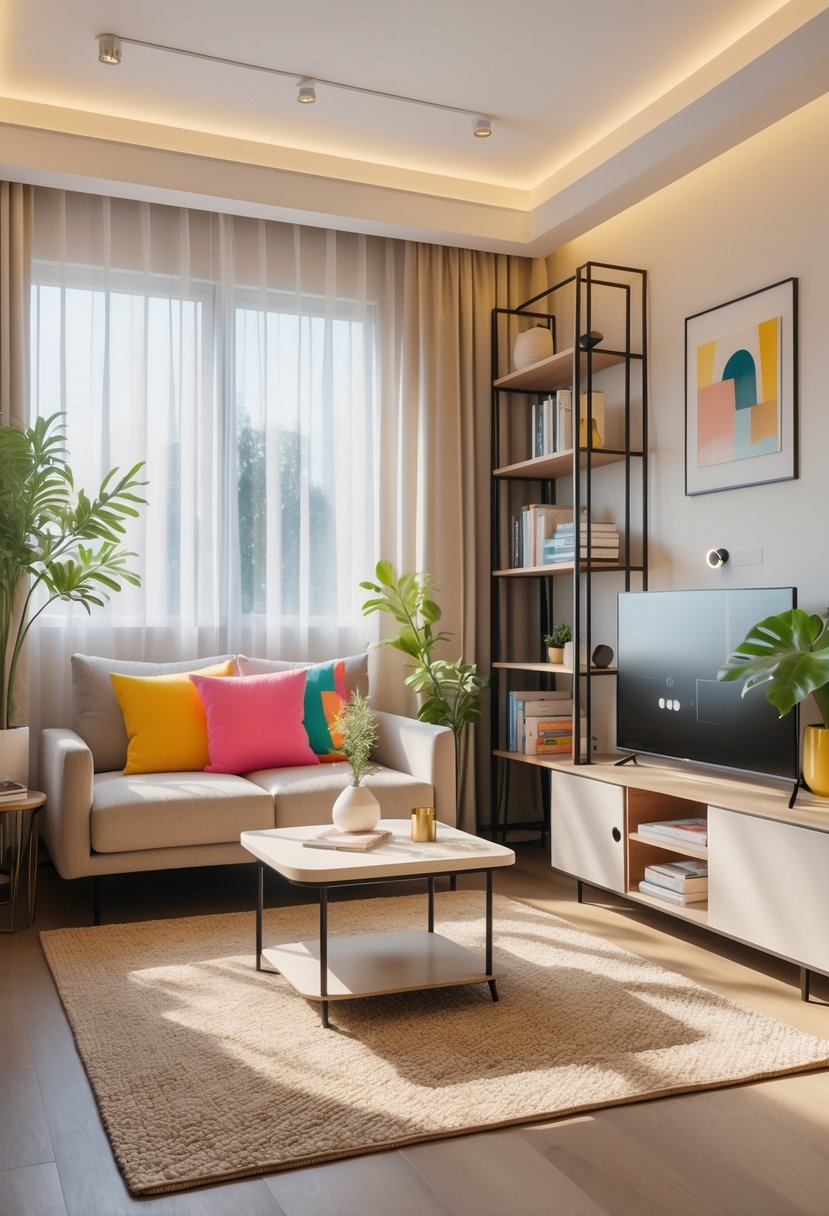 Small Apartment Living Room Ideas 2026: 22 Smart Ways To Maximize Space 26 A small apartment living room with a compact sofa, coffee table, shelves with books and decor, indoor plants, and large windows letting in natural light.