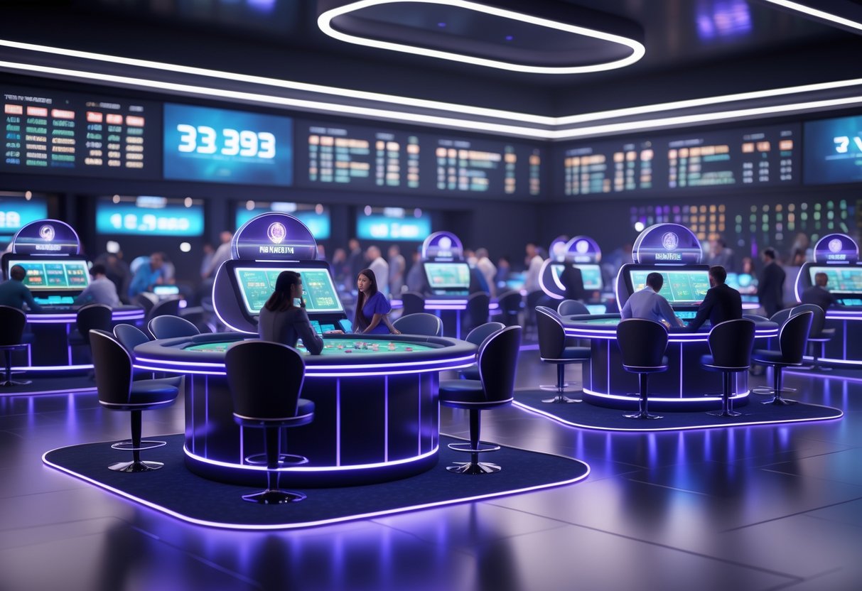 Suasana lantai kasino modern dengan meja permainan digital Evolution Gaming dan pemain yang fokus bermain.