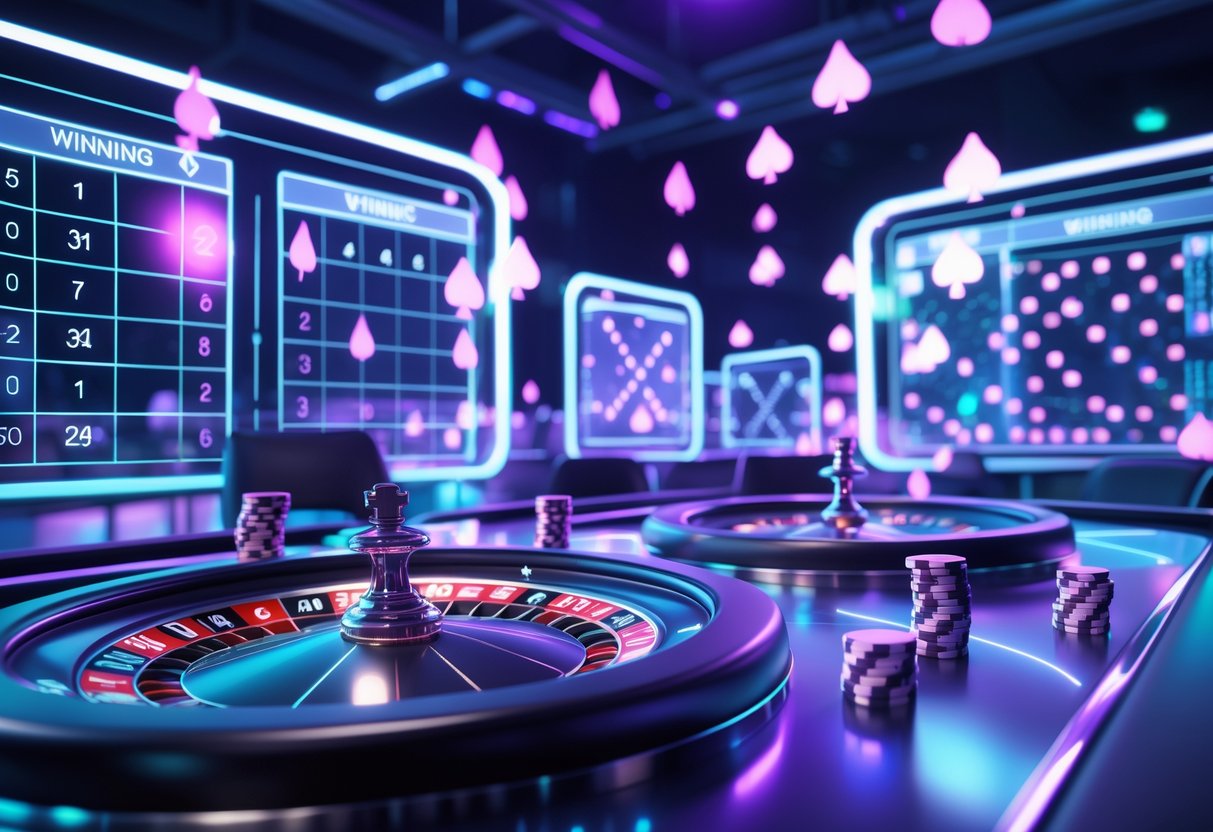 Adegan kasino modern dengan meja permainan, roda roulette digital, tumpukan chip poker, dan kartu bermain yang mengambang, menunjukkan suasana strategi dan kemenangan tanpa modal besar.