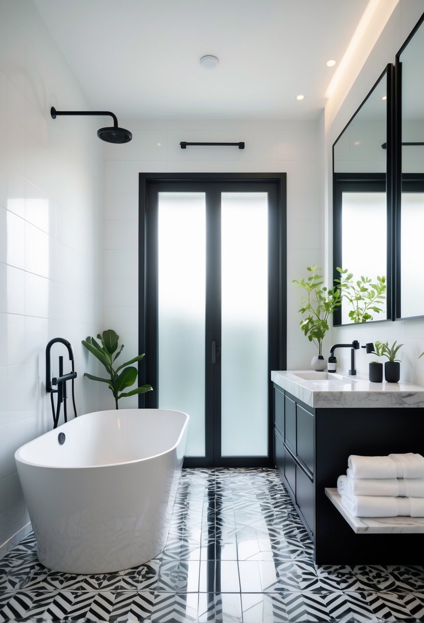 Black And White Bathroom Ideas 2026: 21 Stylish Designs For A Timeless Look 2 A bathroom with a freestanding bathtub, a vanity with a mirror, and black and white tiled floor.