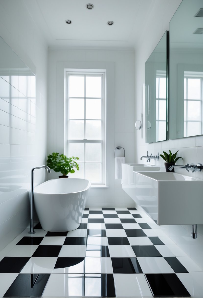 Black And White Bathroom Ideas 2026: 21 Stylish Designs For A Timeless Look 3 A bright bathroom with a black and white checkerboard tile floor, a white bathtub, a wall-mounted sink, and a small green plant.