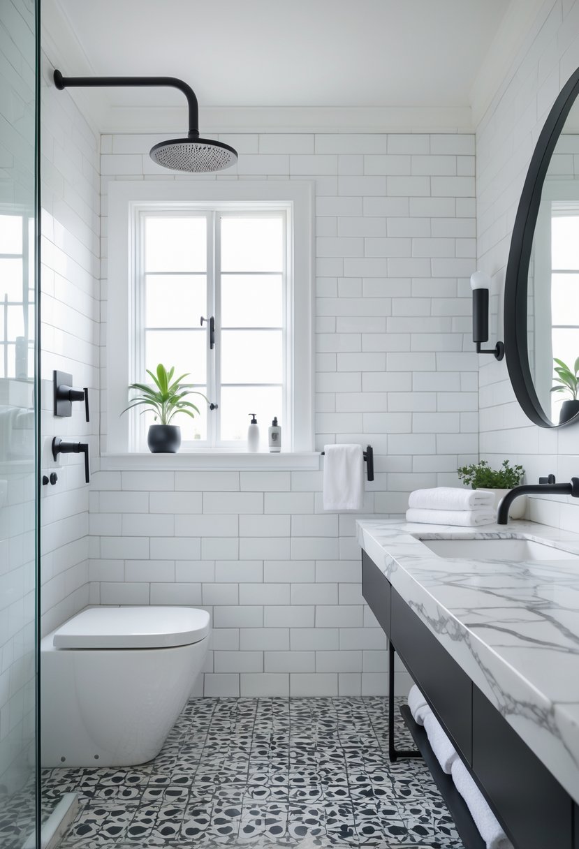 Black And White Bathroom Ideas 2026: 21 Stylish Designs For A Timeless Look 4 A bathroom with matte black fixtures, white subway tile walls, a white marble countertop, and black and white patterned floor tiles.