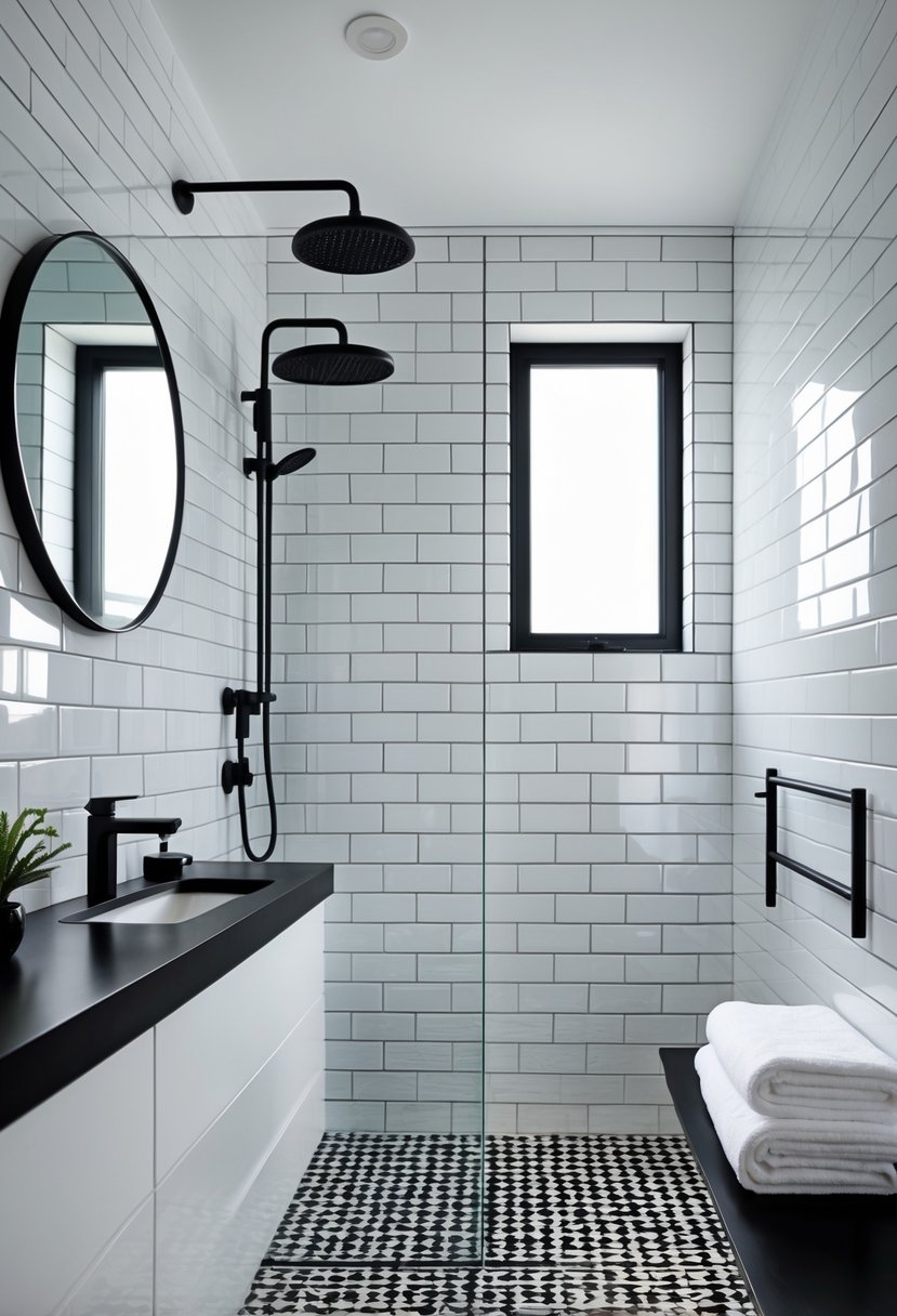 Black And White Bathroom Ideas 2026: 21 Stylish Designs For A Timeless Look 5 A modern bathroom with glossy white subway tiled walls, black fixtures, a round mirror, and black and white patterned floor tiles.