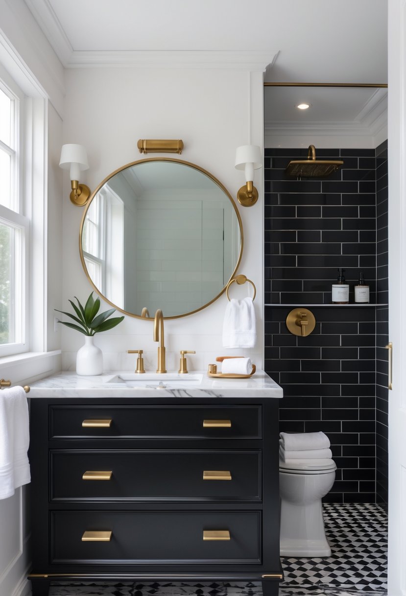 Black And White Bathroom Ideas 2026: 21 Stylish Designs For A Timeless Look 6 A bathroom with black and white walls, brass hardware, a round mirror, and a vanity with a marble countertop.