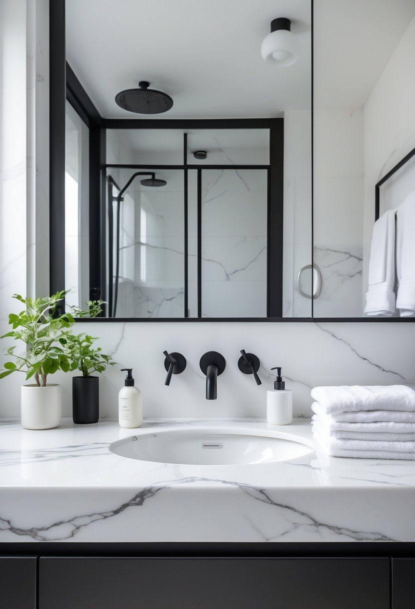 Black And White Bathroom Ideas 2026: 21 Stylish Designs For A Timeless Look 8 A bathroom with white marble countertops, black fixtures, white walls, and a large mirror.