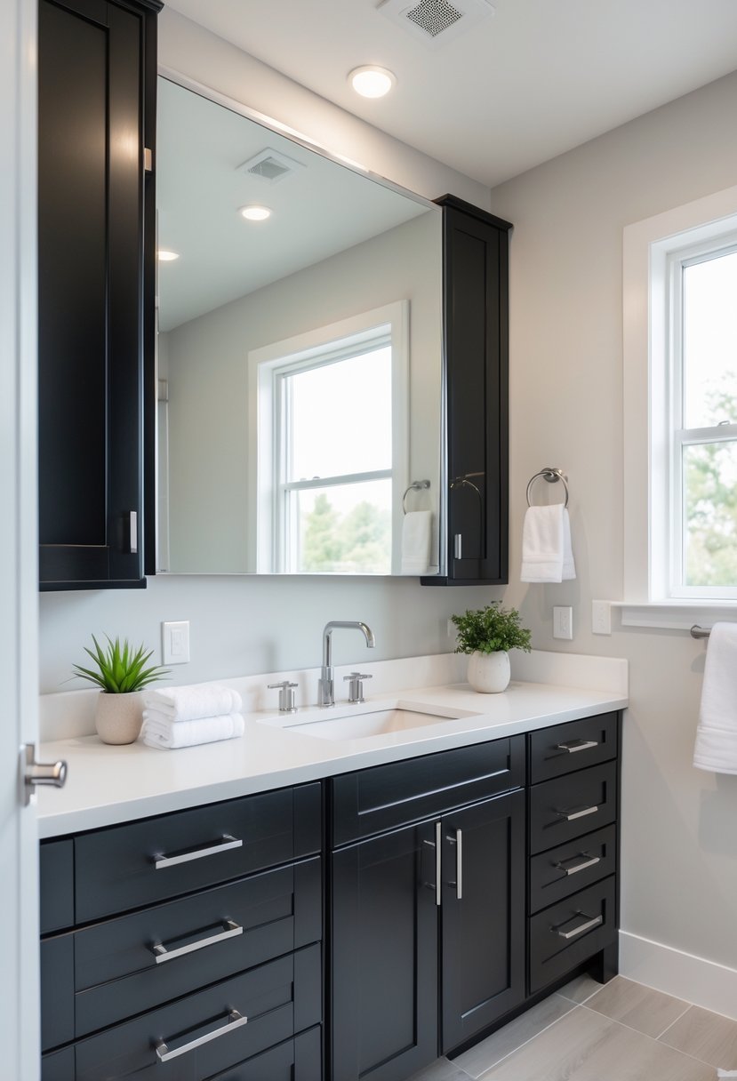 Black And White Bathroom Ideas 2026: 21 Stylish Designs For A Timeless Look 9 A bathroom with black and white two-tone vanity cabinets, a white countertop with a sink, a large mirror, and light gray tiled floor.