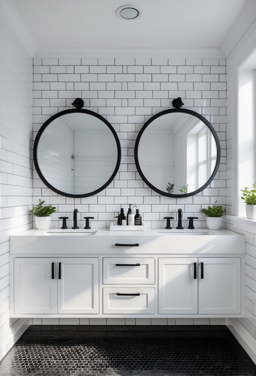 Black And White Bathroom Ideas 2026: 21 Stylish Designs For A Timeless Look 10 A bathroom with two black framed round mirrors above a white double vanity, black and white tiled walls and floor, and small green plants on the countertop.