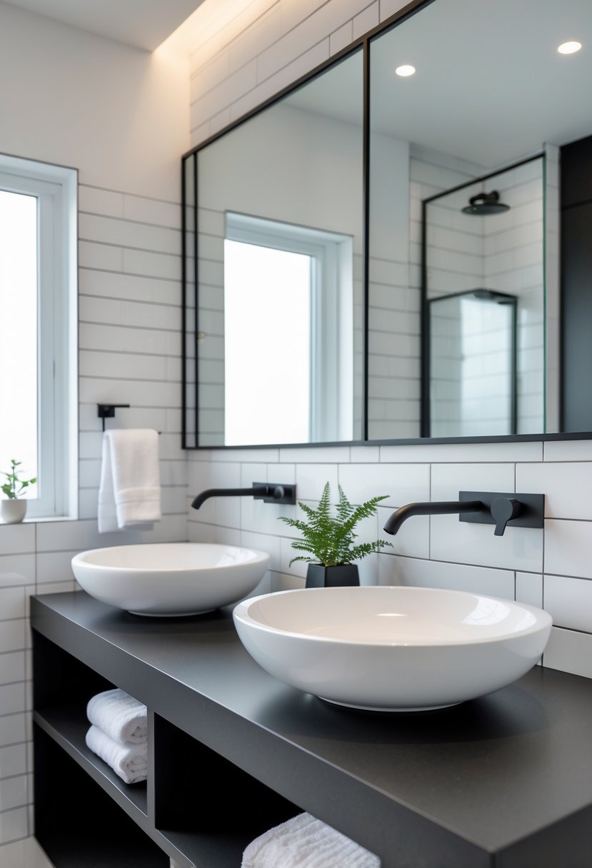 Black And White Bathroom Ideas 2026: 21 Stylish Designs For A Timeless Look 11 A modern bathroom with white ceramic vessel sinks, black countertops, and black fixtures, featuring white tiled walls and a large mirror.