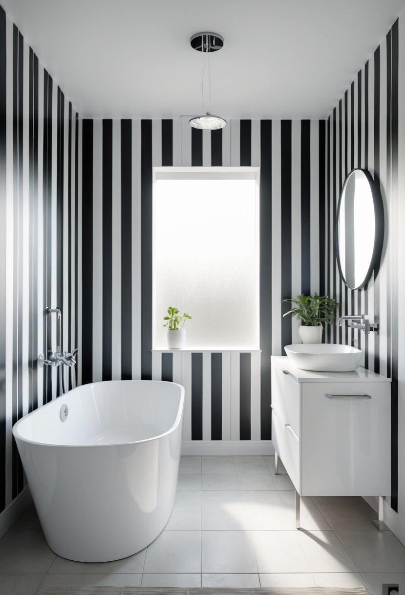 Black And White Bathroom Ideas 2026: 21 Stylish Designs For A Timeless Look 12 A bathroom with black and white striped wallpaper, a white bathtub, a vanity with a round mirror, and a small plant on the countertop.