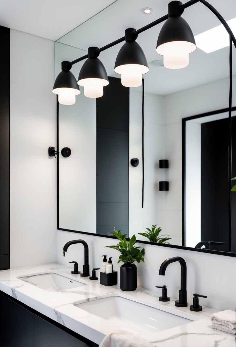 Black And White Bathroom Ideas 2026: 21 Stylish Designs For A Timeless Look 14 A bathroom with black matte lighting fixtures, a large mirror, white countertops, and black faucets.