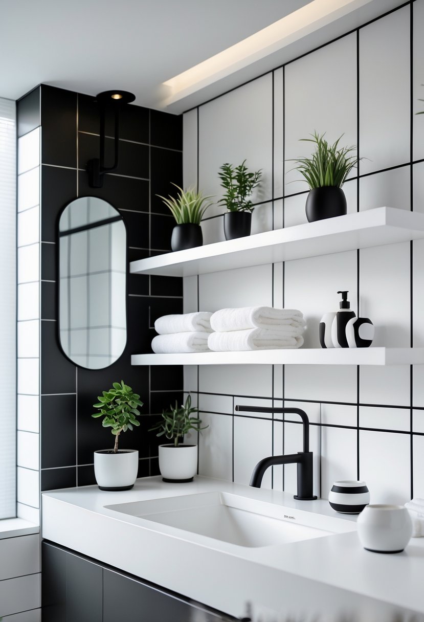 Black And White Bathroom Ideas 2026: 21 Stylish Designs For A Timeless Look 15 A modern bathroom with white floating shelves holding plants, towels, and containers against black and white tiled walls.