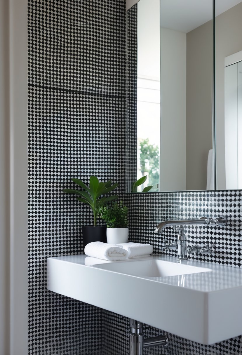 Black And White Bathroom Ideas 2026: 21 Stylish Designs For A Timeless Look 16 A bathroom with a black and white mosaic tile backsplash behind a white sink with chrome fixtures, a small green plant, and a white towel on the countertop.