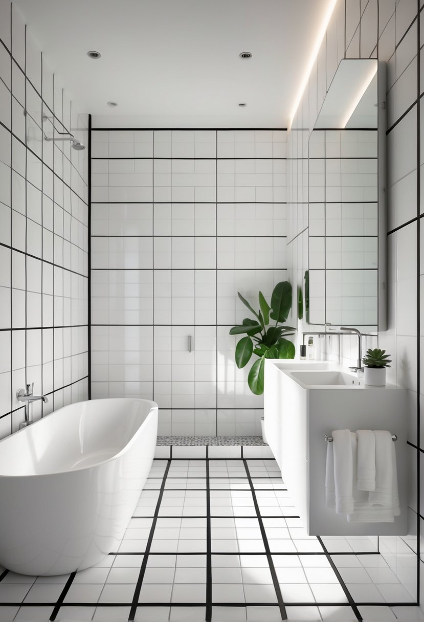 Black And White Bathroom Ideas 2026: 21 Stylish Designs For A Timeless Look 17 Modern bathroom with white tiles and black grout, featuring a bathtub, vanity, and mirror.