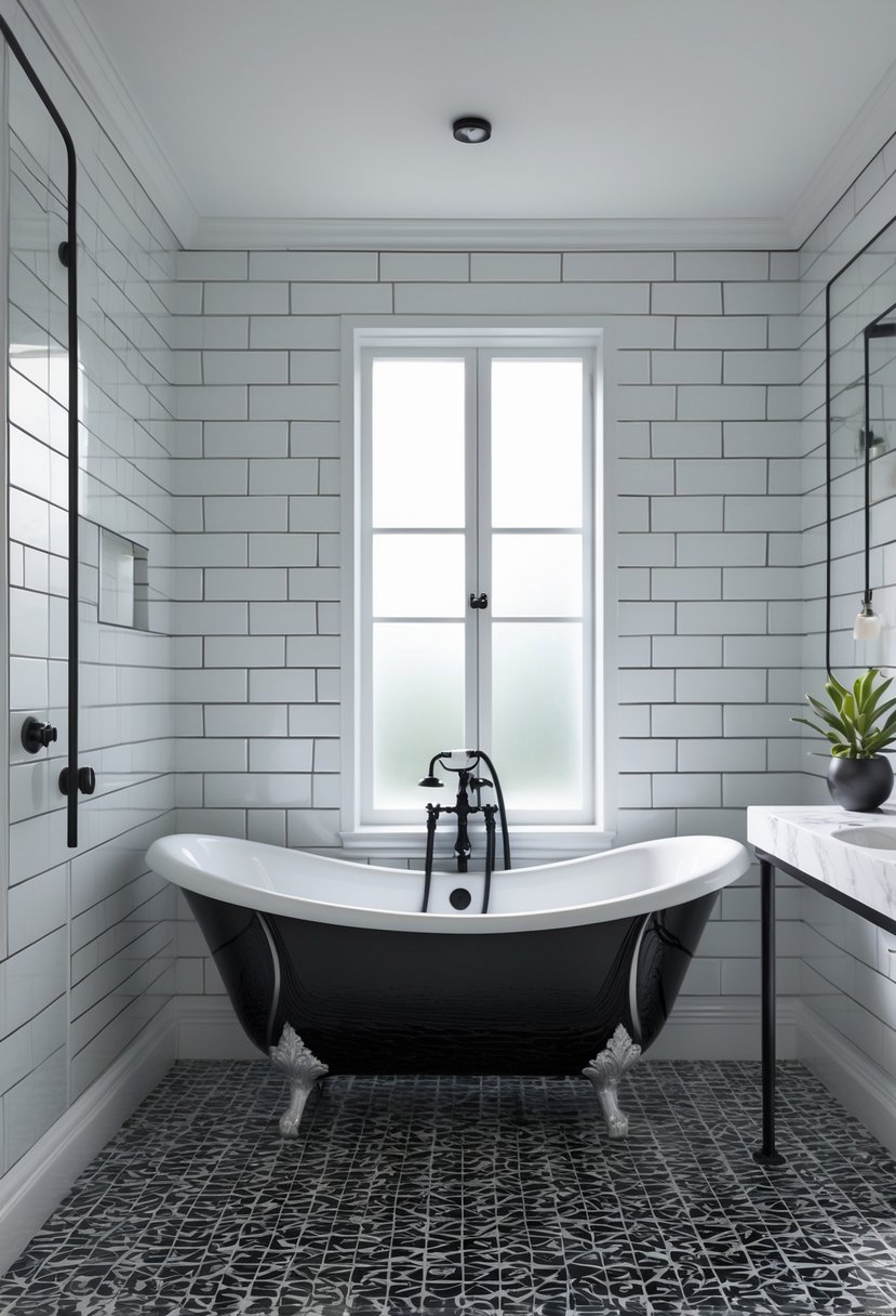 Black And White Bathroom Ideas 2026: 21 Stylish Designs For A Timeless Look 18 A black clawfoot bathtub in a bathroom with black and white tiles and fixtures, illuminated by natural light.