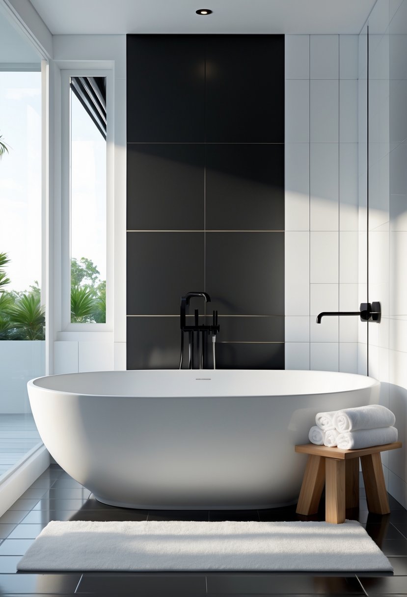 Black And White Bathroom Ideas 2026: 21 Stylish Designs For A Timeless Look 19 A white freestanding bathtub in a black and white bathroom with a window and a small wooden stool with towels.