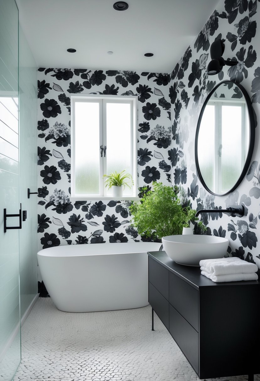Black And White Bathroom Ideas 2026: 21 Stylish Designs For A Timeless Look 20 A modern bathroom with black and white floral wallpaper, a white freestanding bathtub, black vanity, and white hexagonal tiled floor.