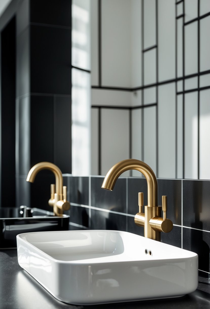 Black And White Bathroom Ideas 2026: 21 Stylish Designs For A Timeless Look 21 A bathroom sink area with brushed brass faucets and black and white tiled walls.