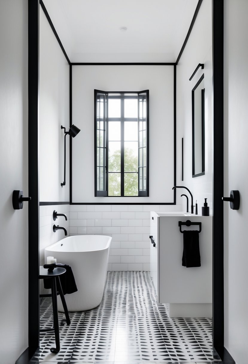 Black And White Bathroom Ideas 2026: 21 Stylish Designs For A Timeless Look 22 A bathroom with white walls and black trim, featuring a white bathtub, black fixtures, and a black-framed mirror.