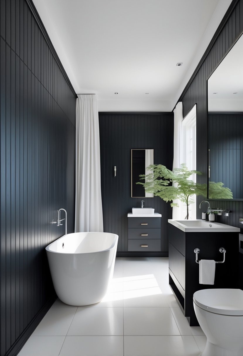 Black And White Bathroom Ideas 2026: 21 Stylish Designs For A Timeless Look 23 A bathroom with black wood paneled walls, a white bathtub, a black vanity with a white countertop, and a large mirror reflecting light.