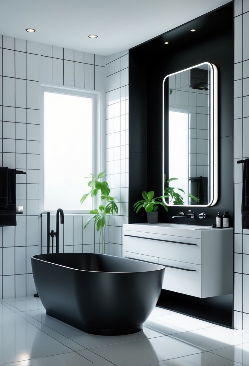 Black And White Bathroom Ideas 2026: 21 Stylish Designs For A Timeless Look 24 A modern bathroom with a black freestanding bathtub, white tiled floor, black and white walls, a white vanity with a large mirror, and natural light coming through a window.