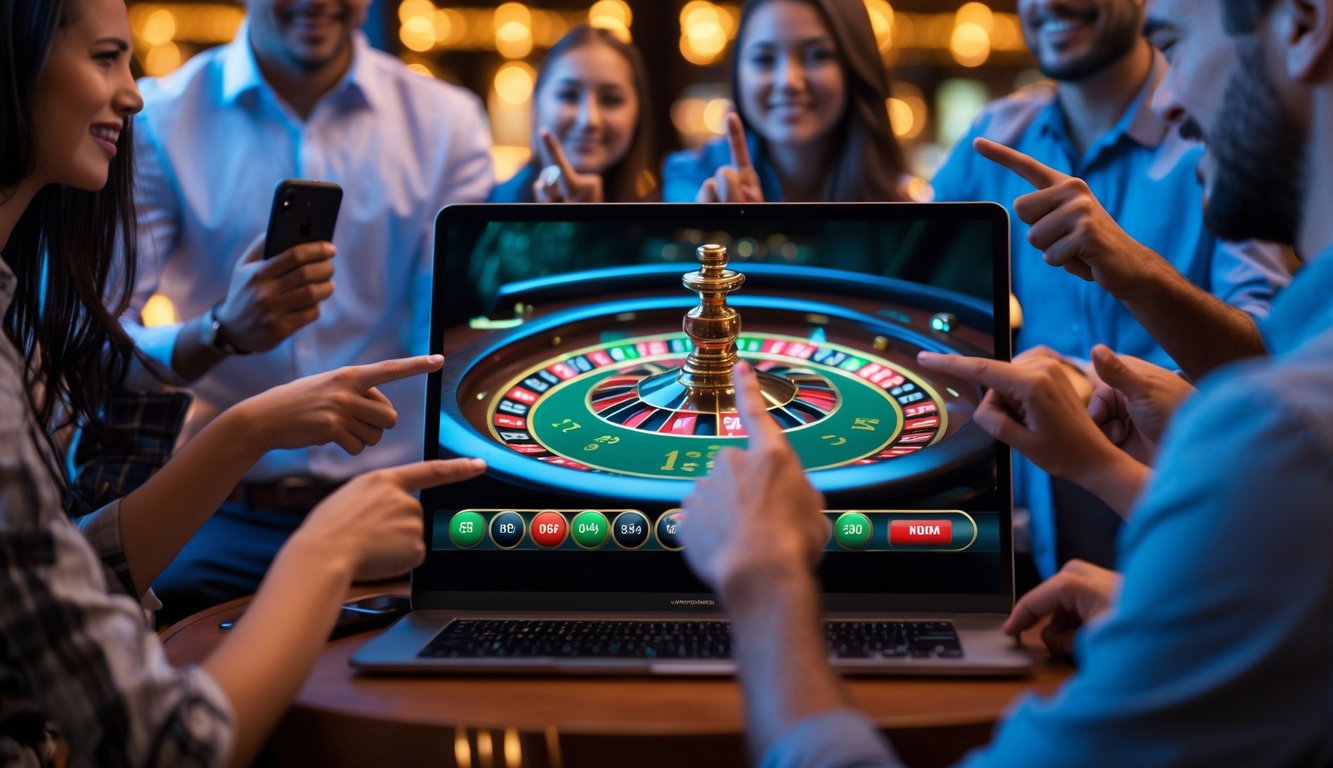Orang-orang bermain roulette online di depan layar komputer dengan suasana hangat dan fokus pada permainan.