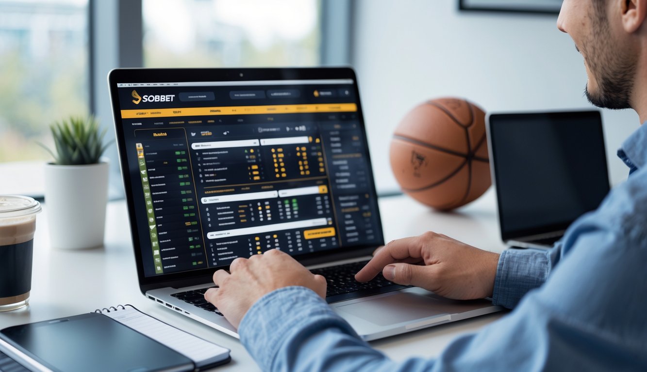 Seorang pria menggunakan laptop di meja kerja dengan tampilan situs taruhan olahraga lengkap dan akurat di layar.