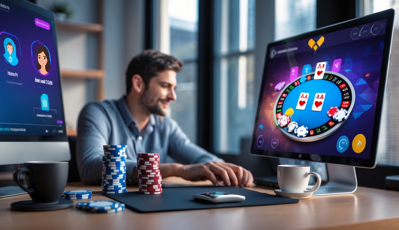 Seseorang duduk di depan komputer dengan tampilan permainan poker online yang menampilkan kartu dan chip, di meja terdapat tumpukan chip poker dan ponsel, suasana terlihat profesional dan aman.