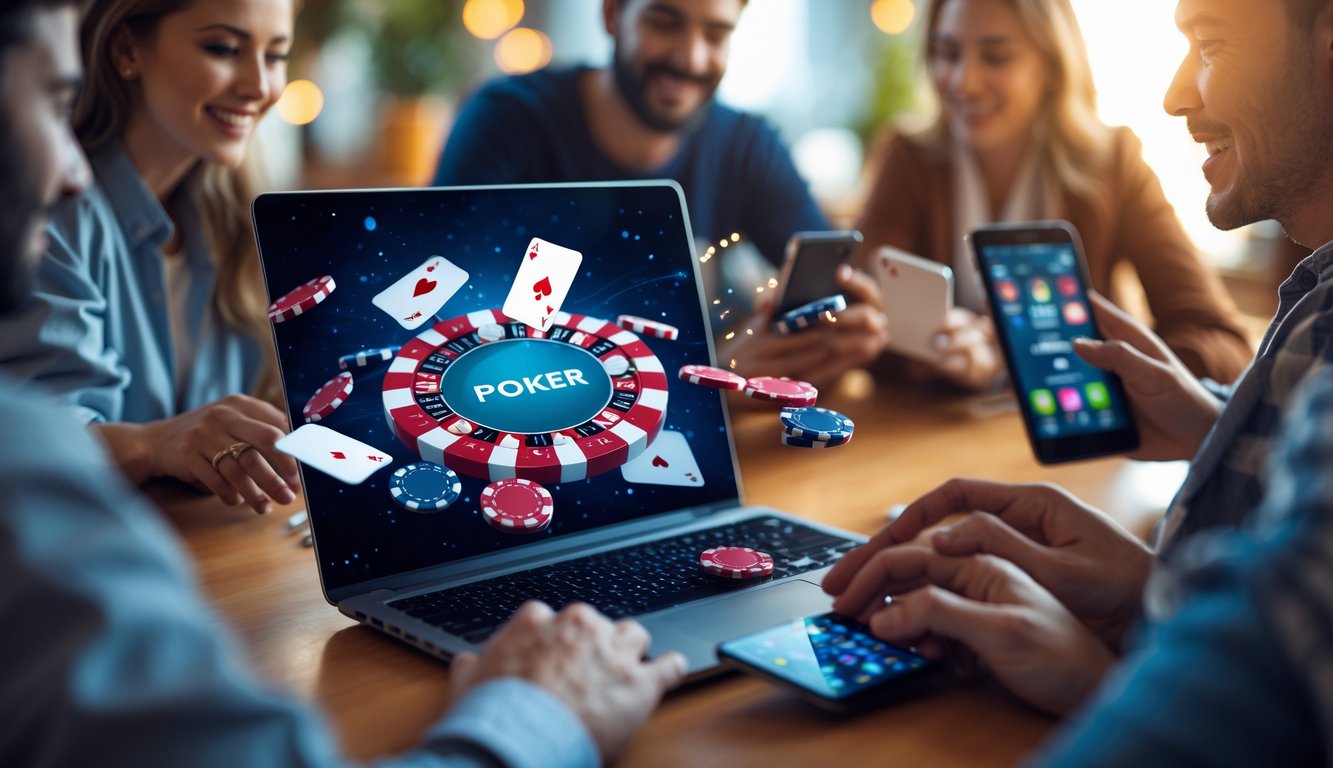 Orang-orang bermain poker online menggunakan laptop dan ponsel di suasana nyaman dengan pencahayaan hangat.