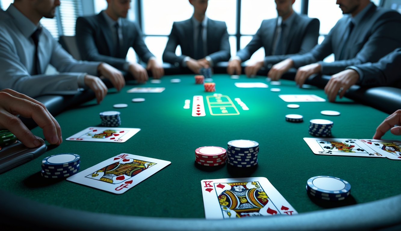 Meja poker virtual dengan kartu dan chip poker, beberapa pemain terlihat sedang bermain dalam suasana permainan kartu online.