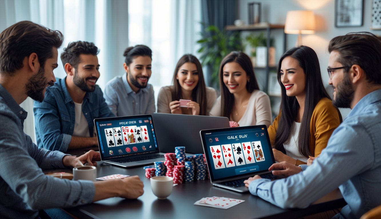 Sekelompok orang bermain poker online dengan laptop dan ponsel di meja dalam ruangan yang nyaman.