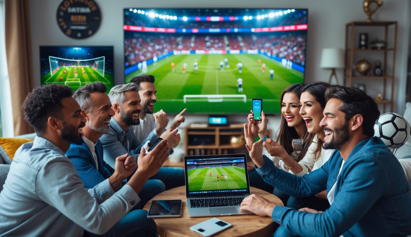 Beberapa orang sedang menggunakan laptop dan ponsel untuk bertaruh pada pertandingan sepak bola yang sedang berlangsung di layar besar di ruang tamu.