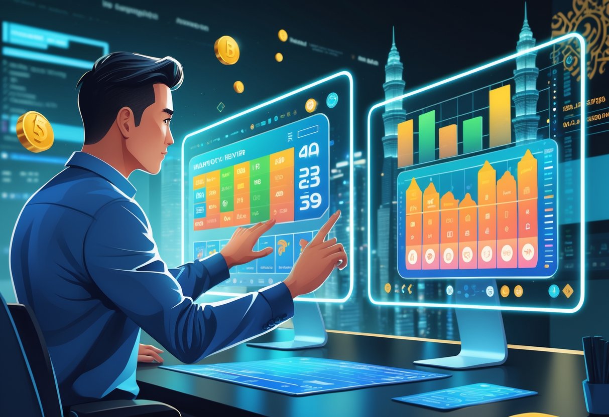 Seseorang sedang menggunakan layar digital transparan yang menampilkan grafik dan data terkait prediksi togel Magnum 4D Malaysia dengan latar belakang elemen budaya Malaysia.