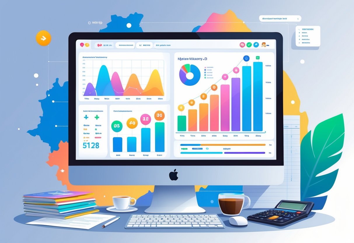 Sebuah ruang kerja modern dengan komputer yang menampilkan grafik dan data prediksi lotere Magnum 4D, dengan peta Malaysia di latar belakang dan alat tulis di meja.