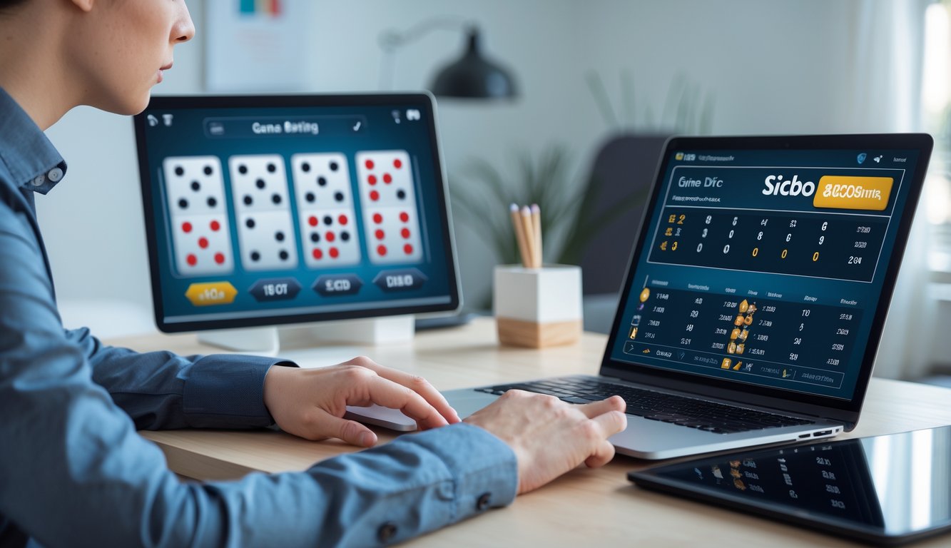 Seseorang sedang bermain dan menganalisis permainan Sicbo online di laptop di ruang kerja yang rapi dan terang.