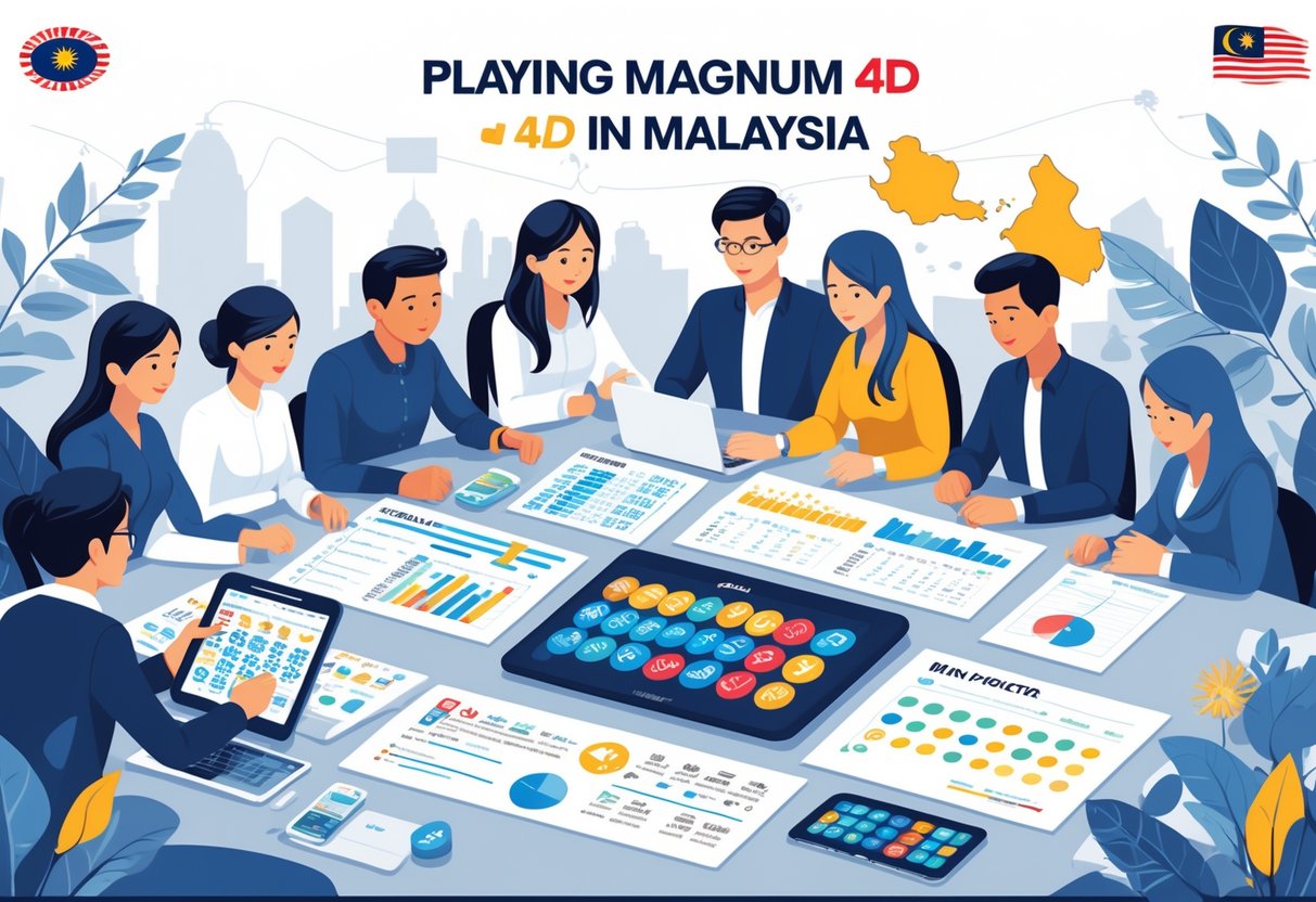 Sekelompok orang sedang berkumpul di sekitar meja, menganalisis data dan prediksi untuk bermain Magnum 4D di Malaysia.