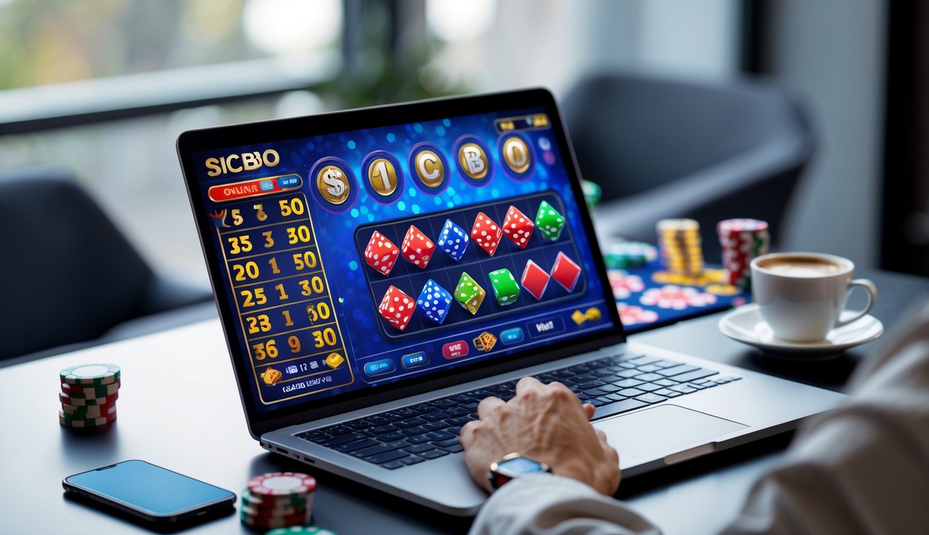 Seseorang menggunakan laptop dengan permainan Sicbo online yang terlihat di layar, di atas meja dengan ponsel dan secangkir kopi.