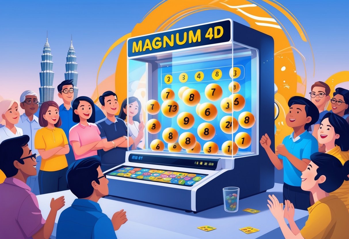 Orang-orang menonton mesin undian lotere yang berisi bola bernomor di latar belakang dengan siluet Menara Kembar Petronas.
