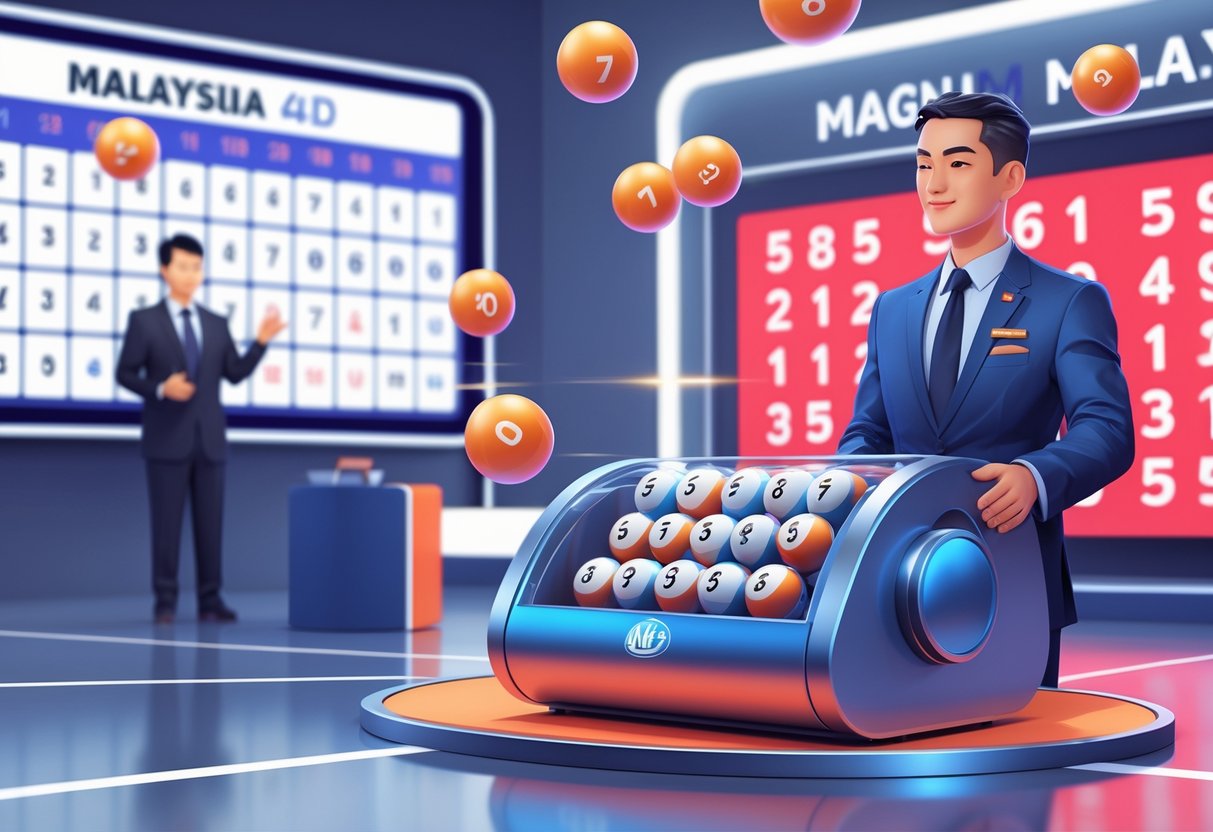 Suasana pengundian nomor lotere Malaysia Magnum 4D dengan mesin lotere berisi bola bernomor dan papan digital yang menampilkan angka pemenang terbaru, di studio dengan seorang petugas resmi.
