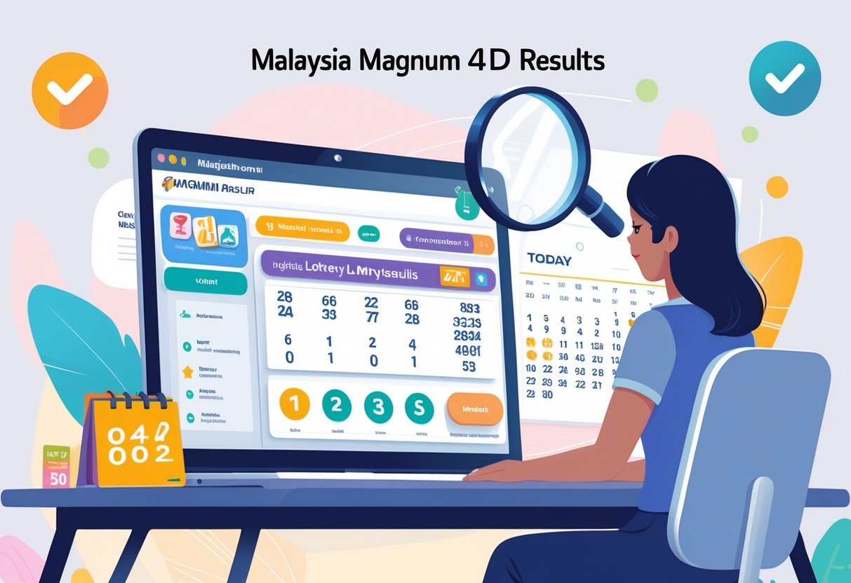 Seseorang duduk di meja dengan laptop yang menampilkan hasil undian lotere, dikelilingi oleh elemen verifikasi resmi dan kalender yang menandai tanggal hari ini.