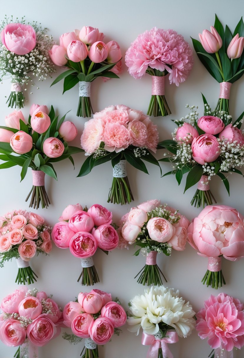 Fourteen pink prom bouquets with various flowers and green leaves arranged on a white surface.