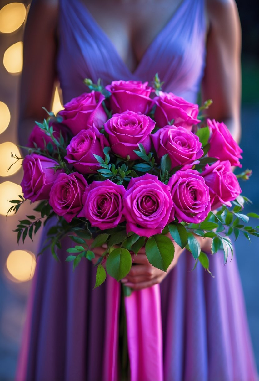 A bright fuchsia rose bouquet held by a person in a formal prom dress, with a softly blurred background.