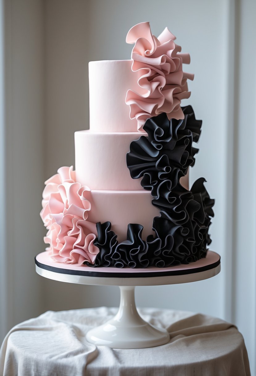 A two-tier cake decorated with pink and black ruffled petals on a white cake stand.