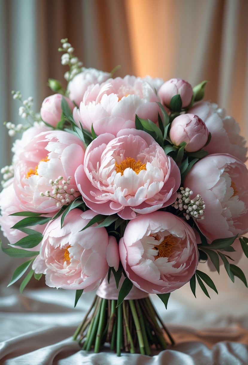 A close-up of a pastel pink peony bouquet with green leaves and small white flowers.