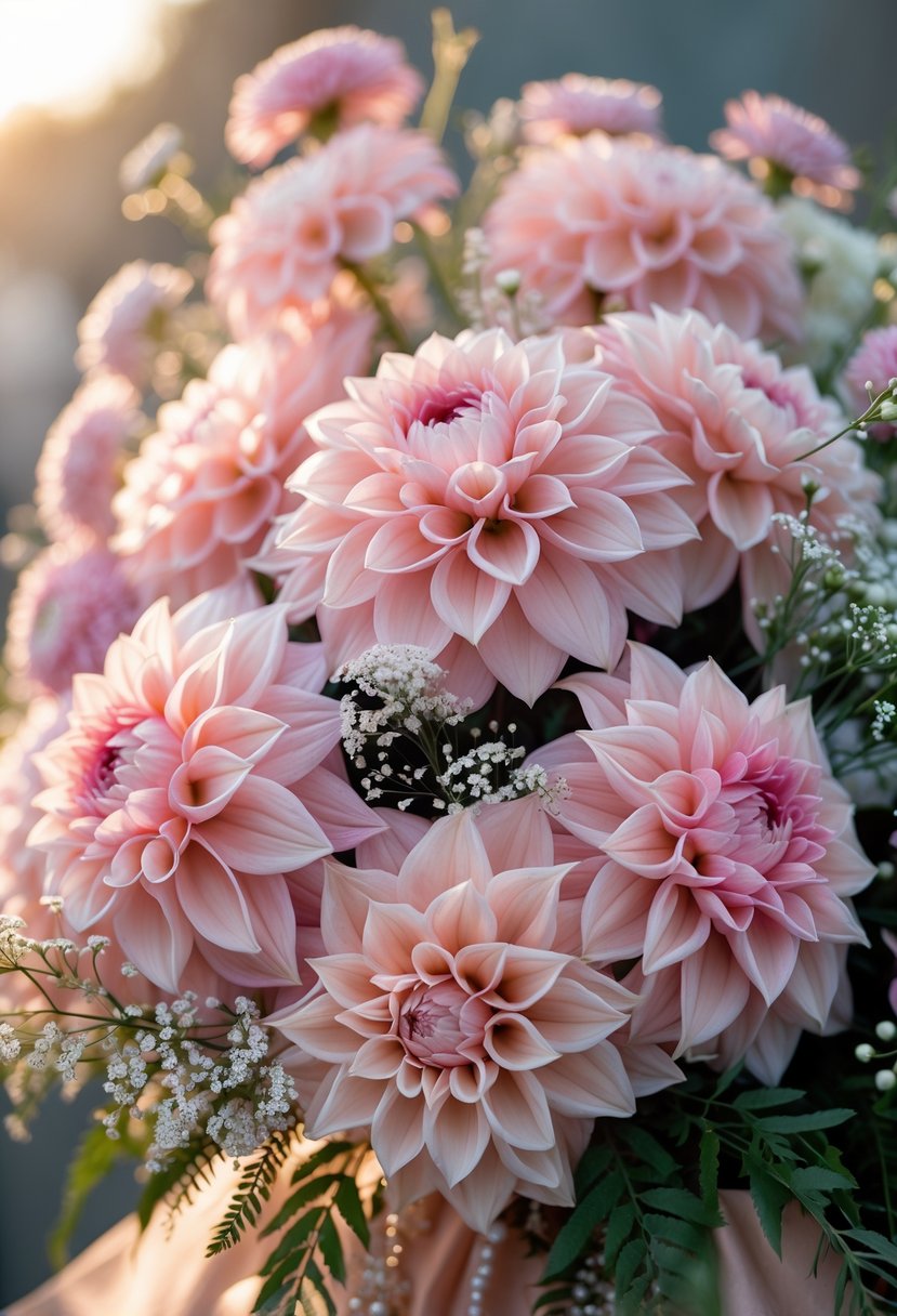 A close-up of a cluster of blush pink dahlia flowers arranged in a prom bouquet with green leaves and white filler flowers.