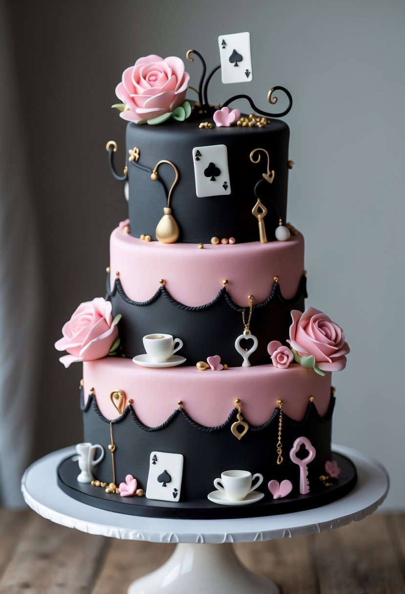 Three-tier black and pink cake decorated with whimsical Wonderland-themed elements on a white cake stand.