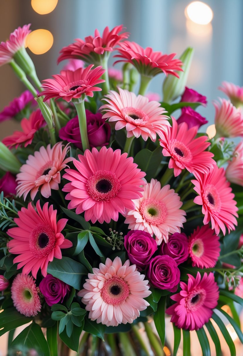 A vibrant bouquet of hot pink Gerbera daisies mixed with other pink flowers and green leaves.