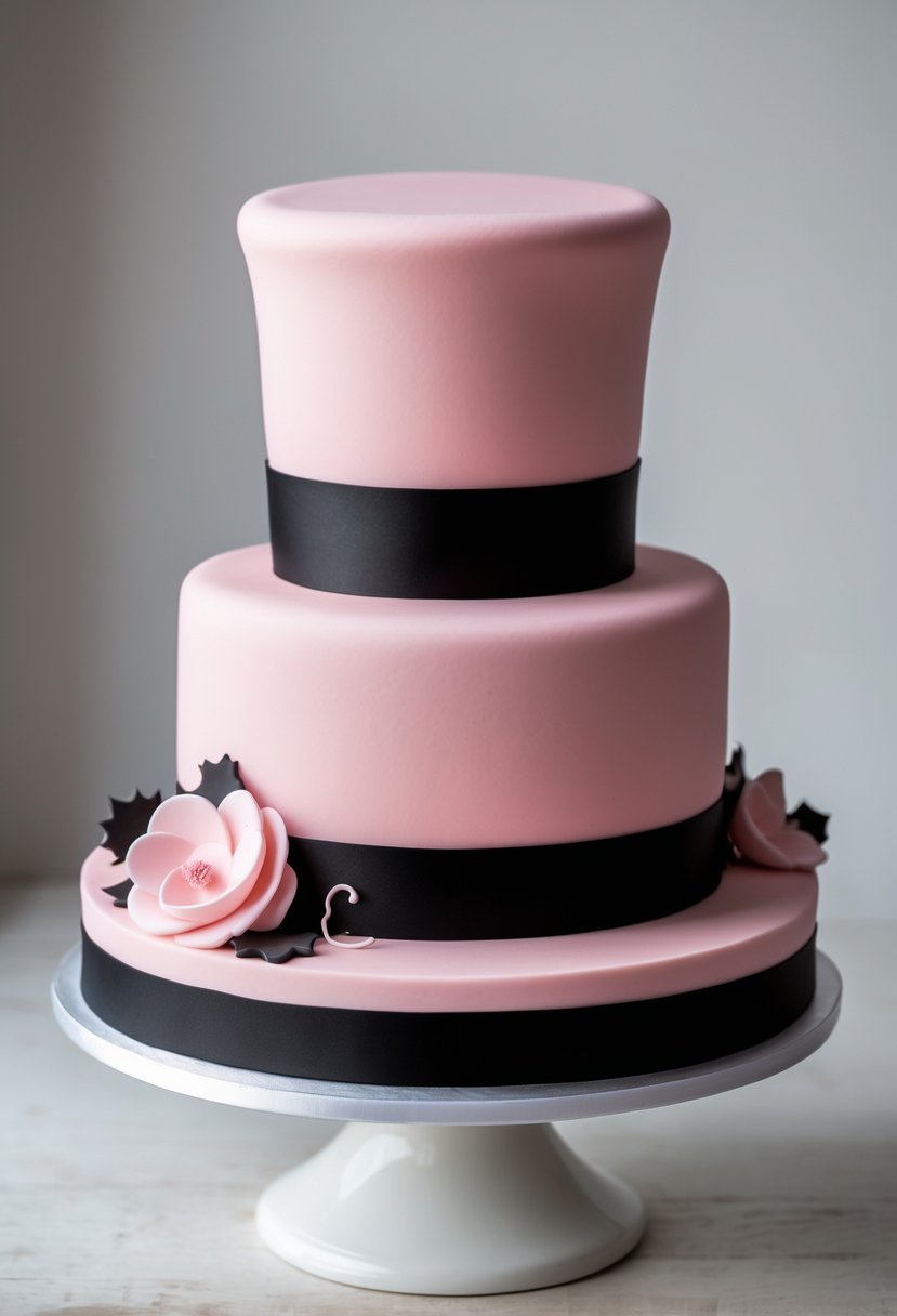 A pink top hat shaped cake with black accents on a white cake stand against a neutral background.