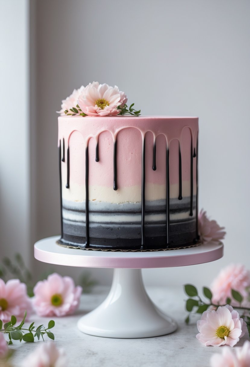 A pink and black ombre drip cake on a white cake stand with pink flowers around it.